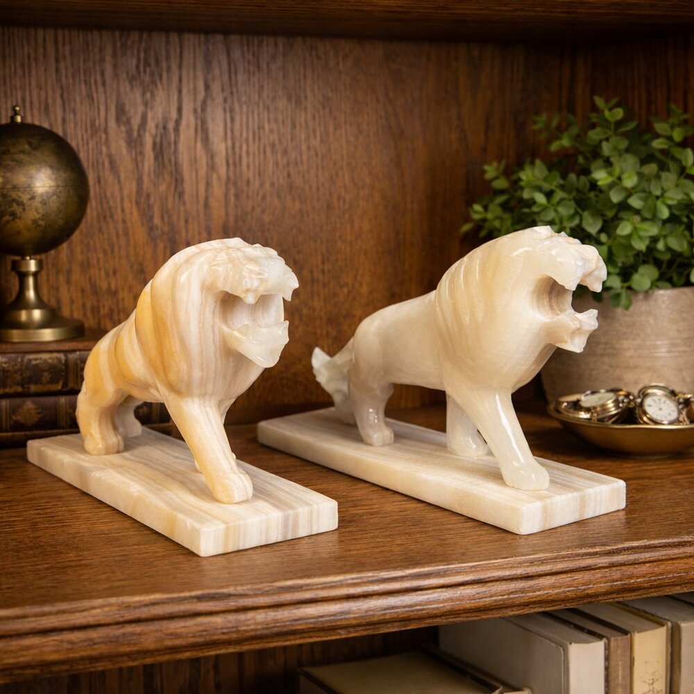 Vintage Onyx Marble Lion Bookend Set Natural Calcite Stone Hand Carved Lions